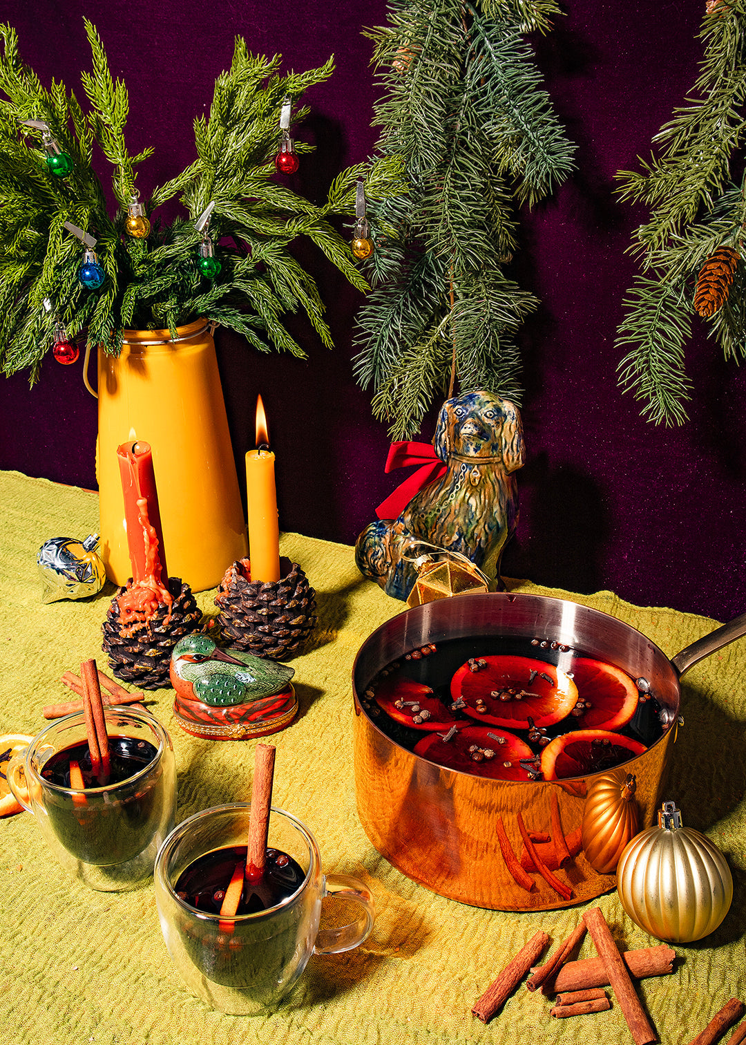 Pot of mulled wine on a festive holiday party table
