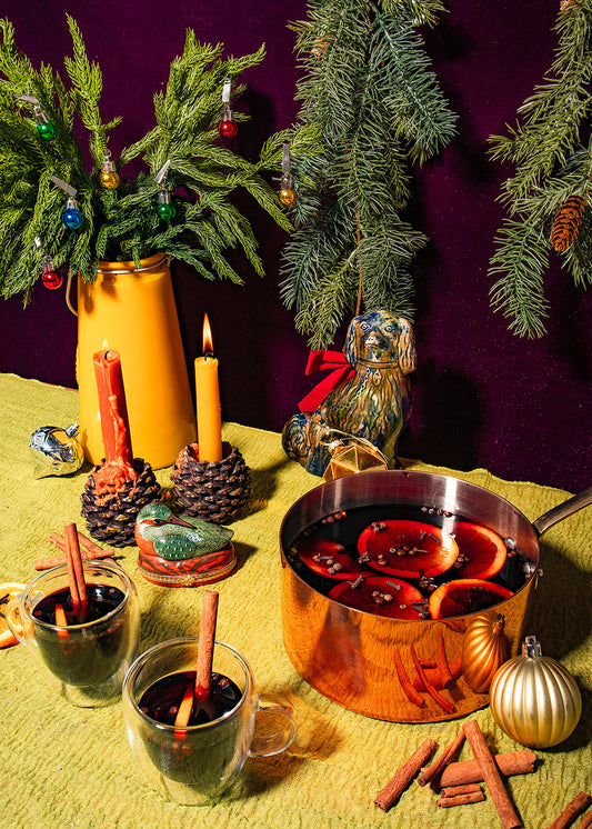 Pot of mulled wine on a festive holiday party table