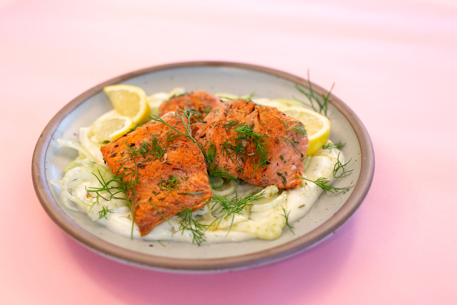 Fennel Rubbed Salmon with Lemon Coriander Yogurt and Crunchy Fennel Salad