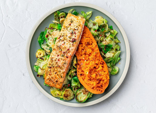 Garlic & Herb Roasted Salmon + Sweet Potato On Brussels
