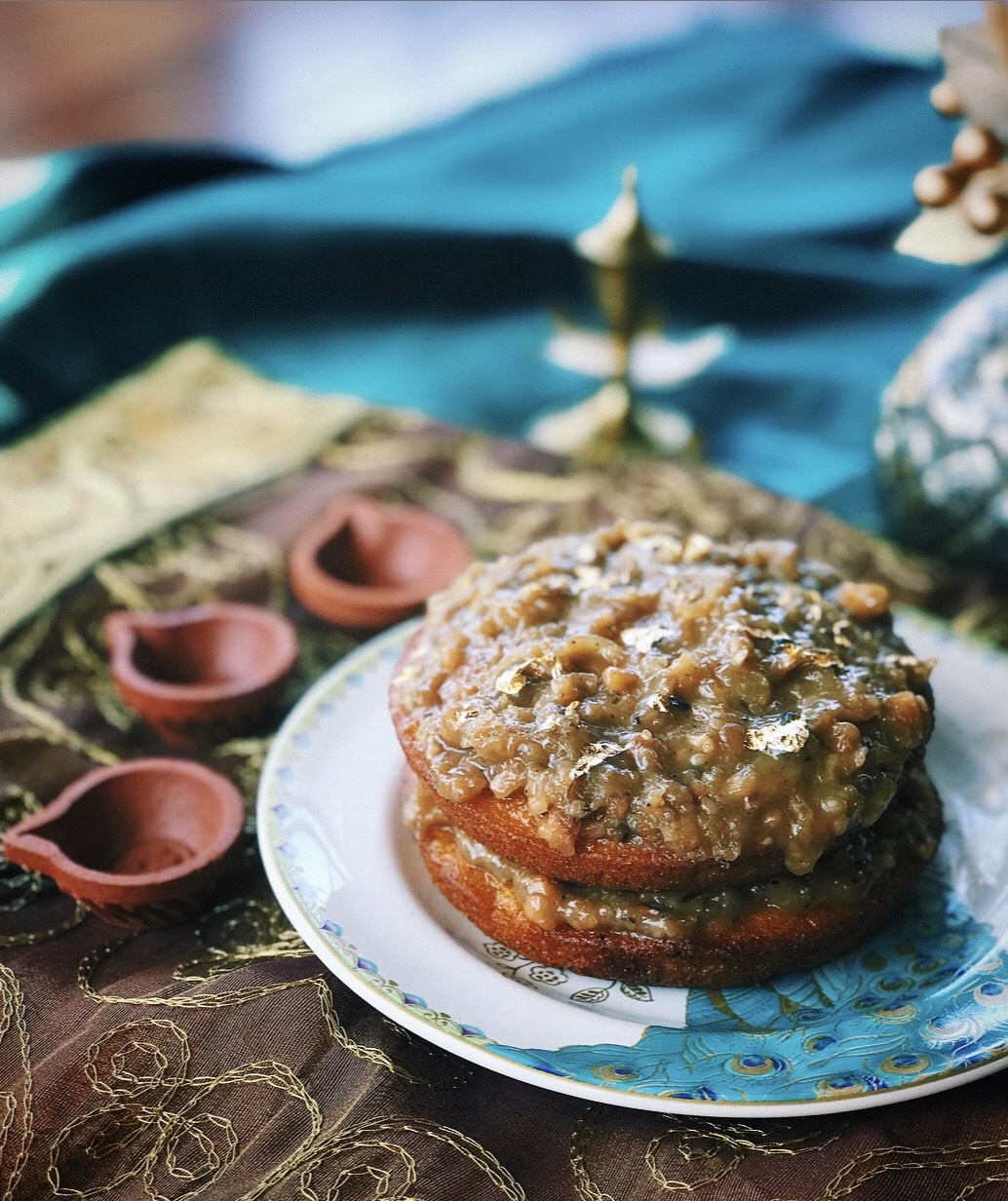 Carrot Halwa Cake with Coconut Cardamom Cashew Frosting