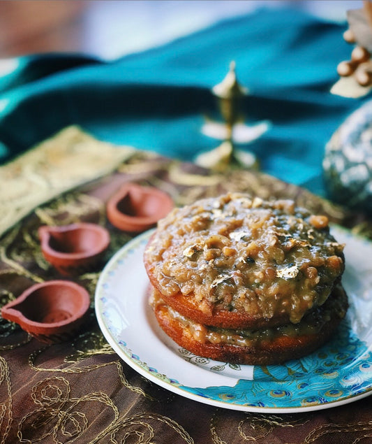 Carrot Halwa Cake with Coconut Cardamom Cashew Frosting