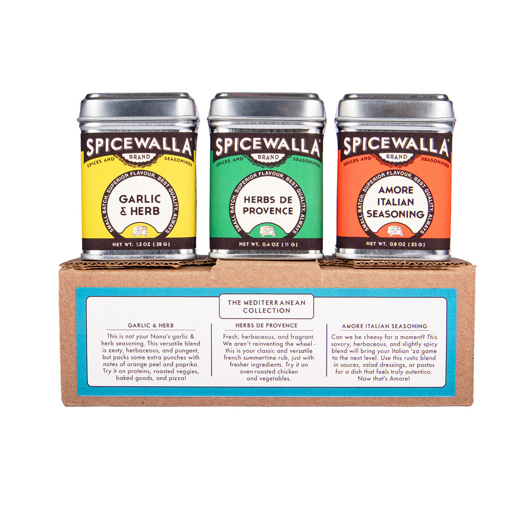 Collection 3 Pack Box displaying tins of Garlic and Herb, Herbs de Province, and Amore Italian Seasoning 