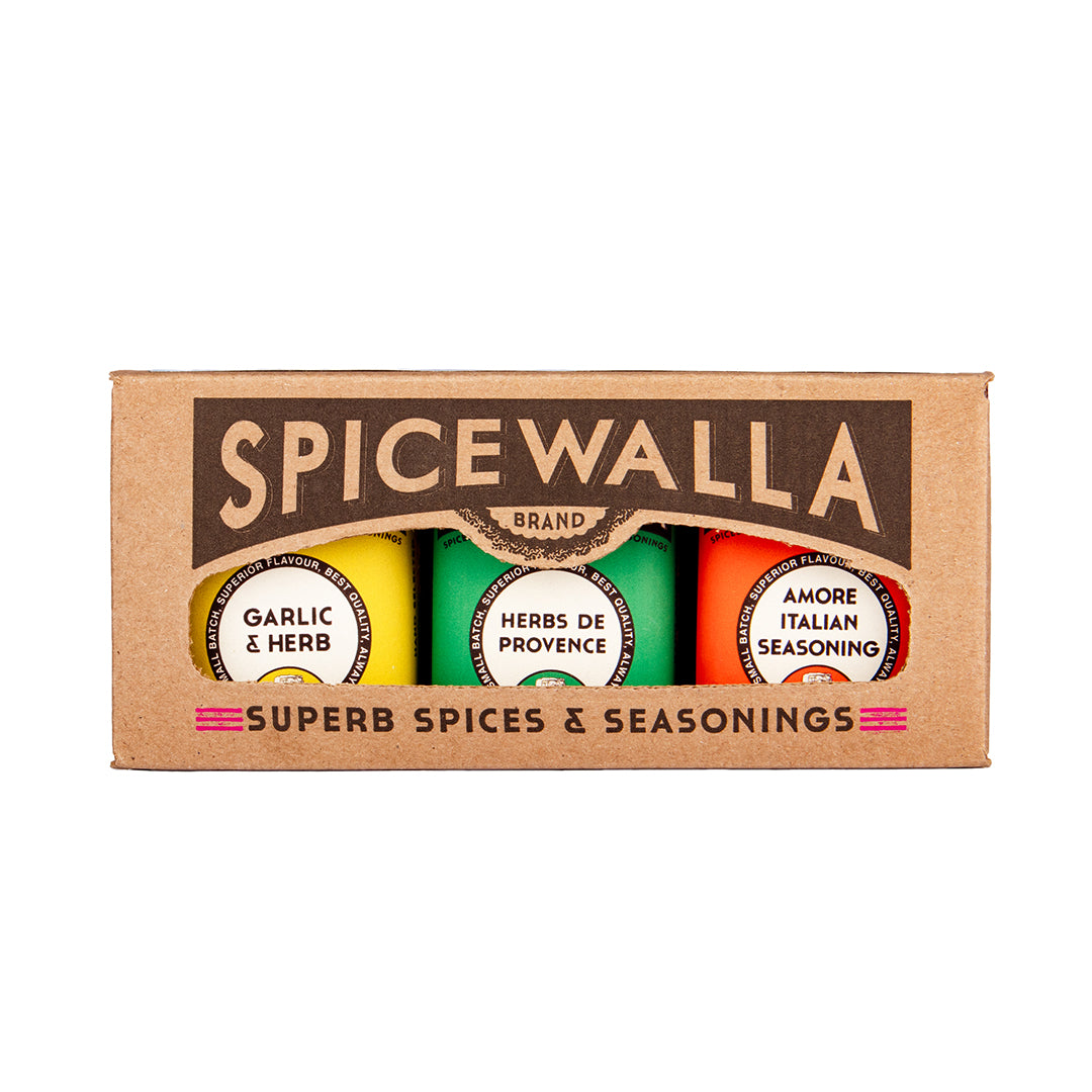 Collection 3 Pack Box displaying tins of Garlic and Herb, Herbs de Province, and Amore Italian Seasoning