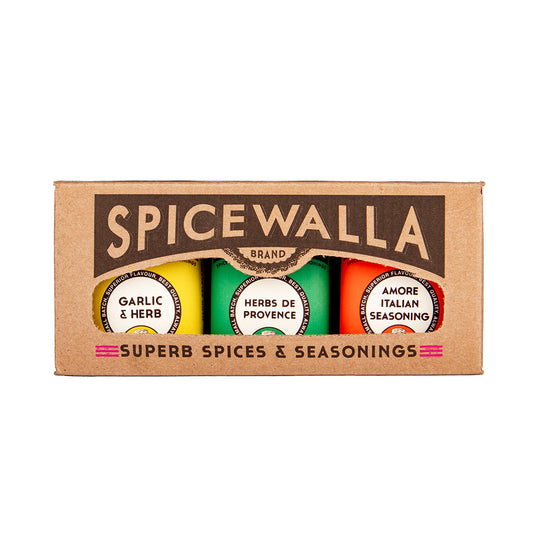 Collection 3 Pack Box displaying tins of Garlic and Herb, Herbs de Province, and Amore Italian Seasoning