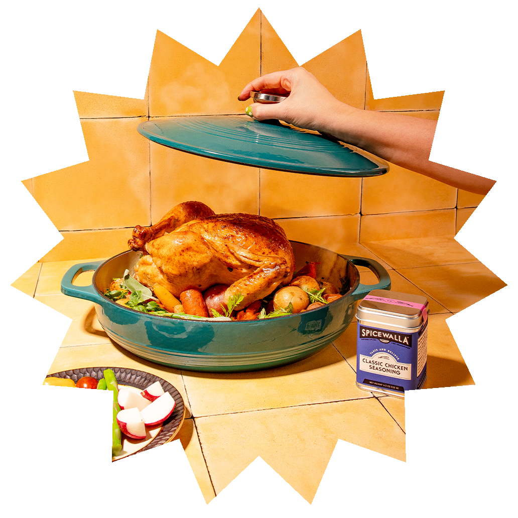 Classic chicken seasoning beside a roast chicken