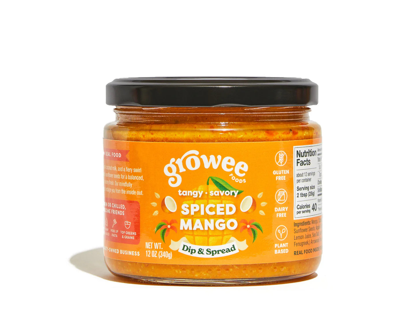 Jar of growee spiced mango dip and spread on a white background