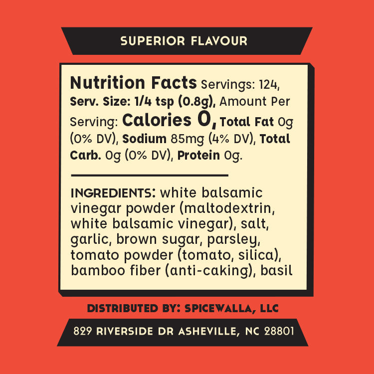 A nutrition facts label graphic on a red background, with a cream panel showing serving size, calories, ingredients, and distributor text for Spicewalla, LLC.