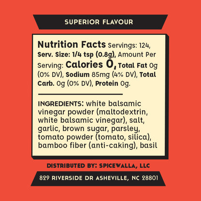 A nutrition facts label graphic on a red background, with a cream panel showing serving size, calories, ingredients, and distributor text for Spicewalla, LLC.