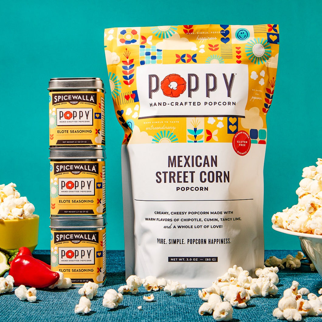Spicewalla Poppy Mexican Street Corn popcorn packaging with seasoning canisters on a blue background.