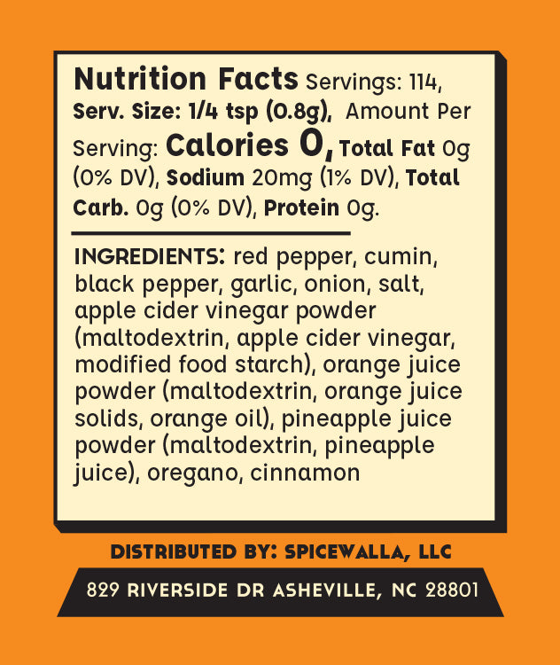 A Nutrition Facts label card with a cream background and black border, shown on an orange backdrop. The label lists serving size 1/4 tsp (0.