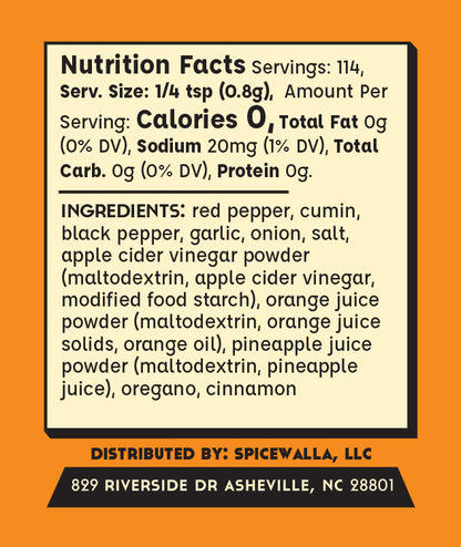 A Nutrition Facts label card with a cream background and black border, shown on an orange backdrop. The label lists serving size 1/4 tsp (0.