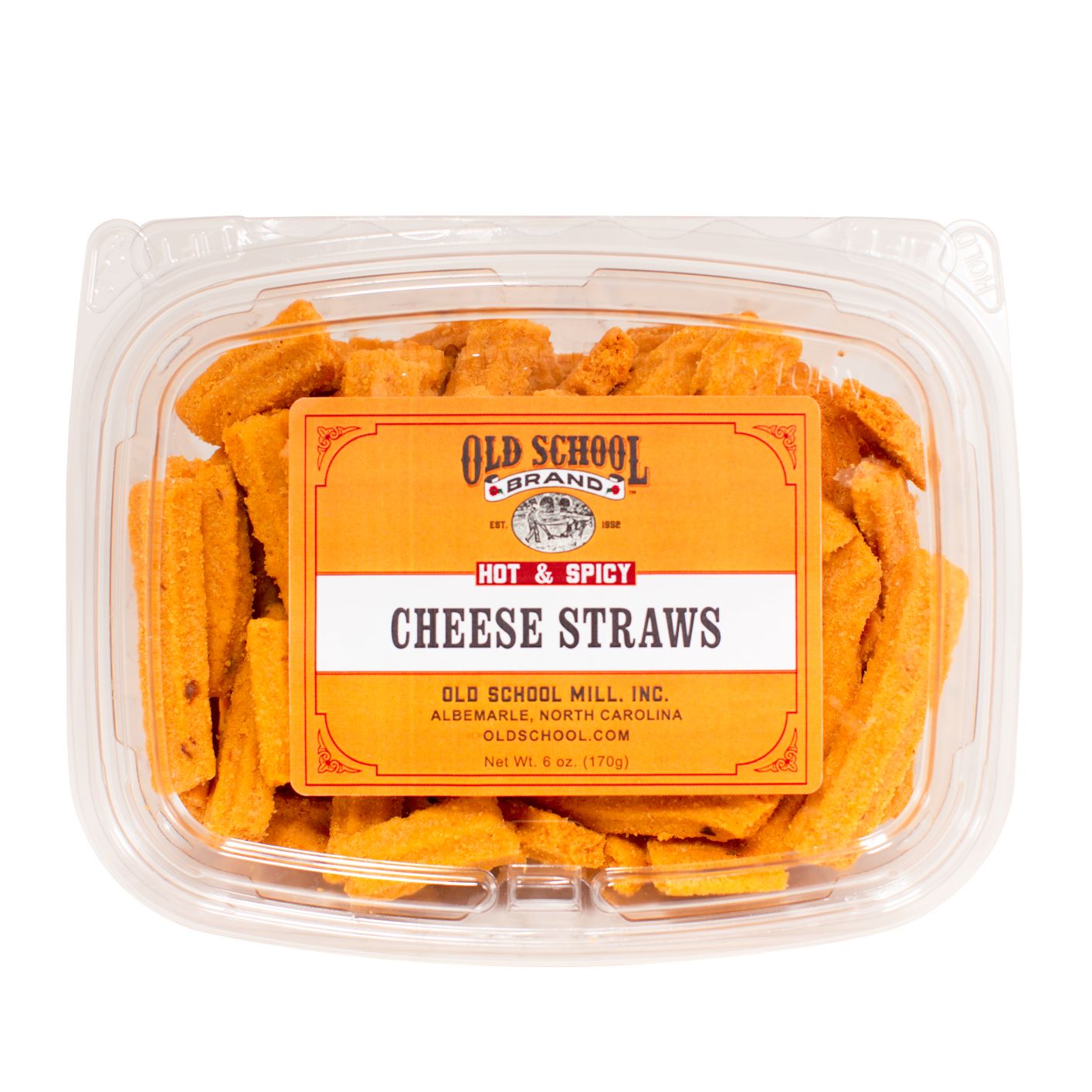 Packaged cheese straws with Old School Brands label on a white background
