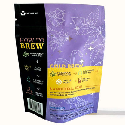Purple and black packaging for cold brew tea with brewing instructions.