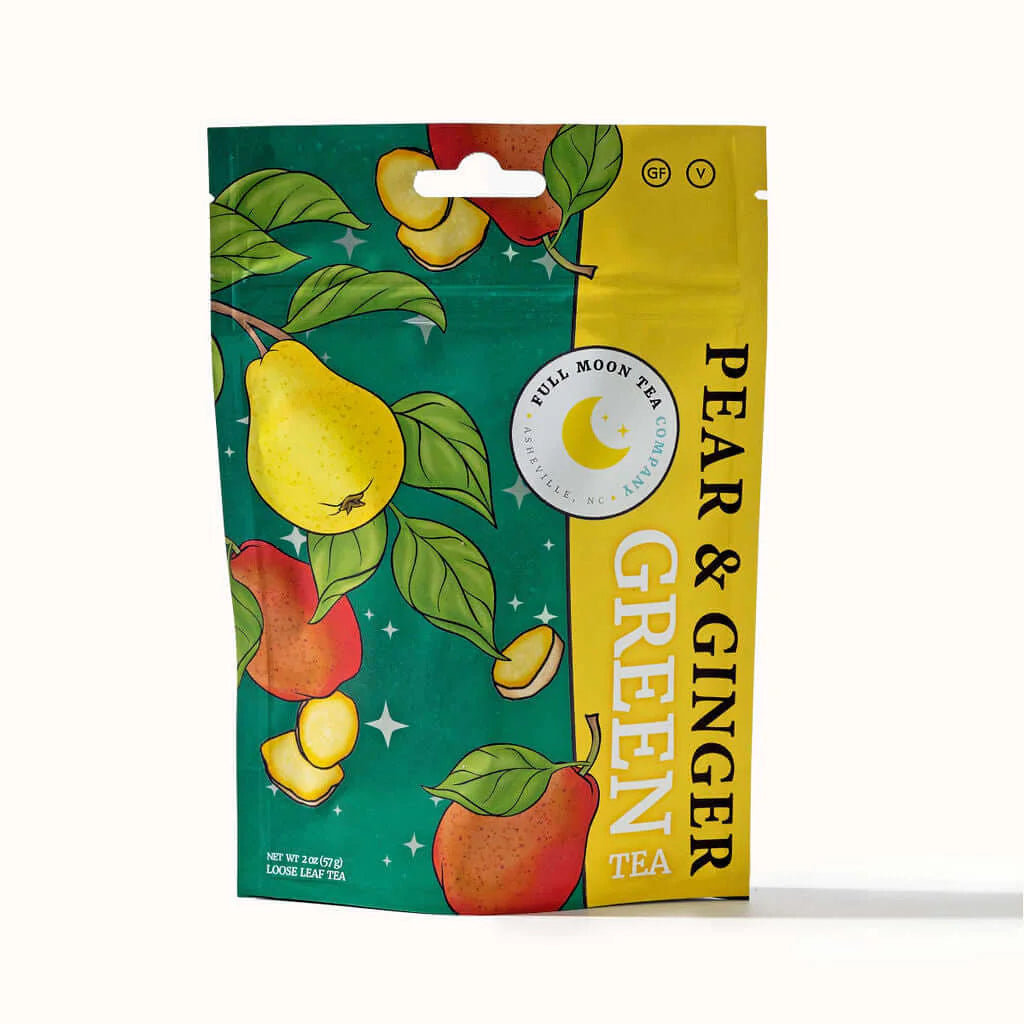 Tea package with pear, ginger, and green tea design on a white background